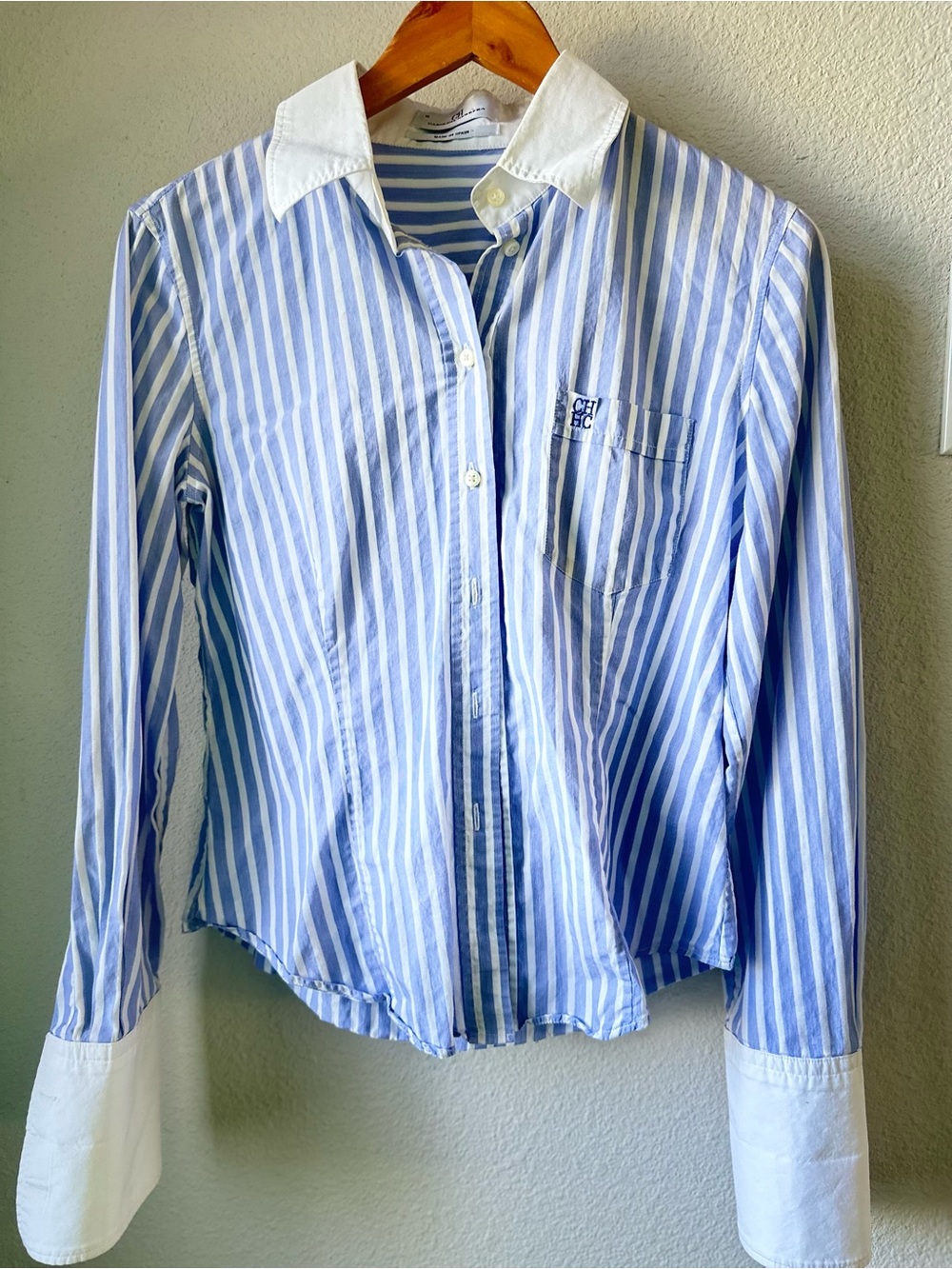 Carolina Herrera Blue & White Striped Button-Up Blouse.